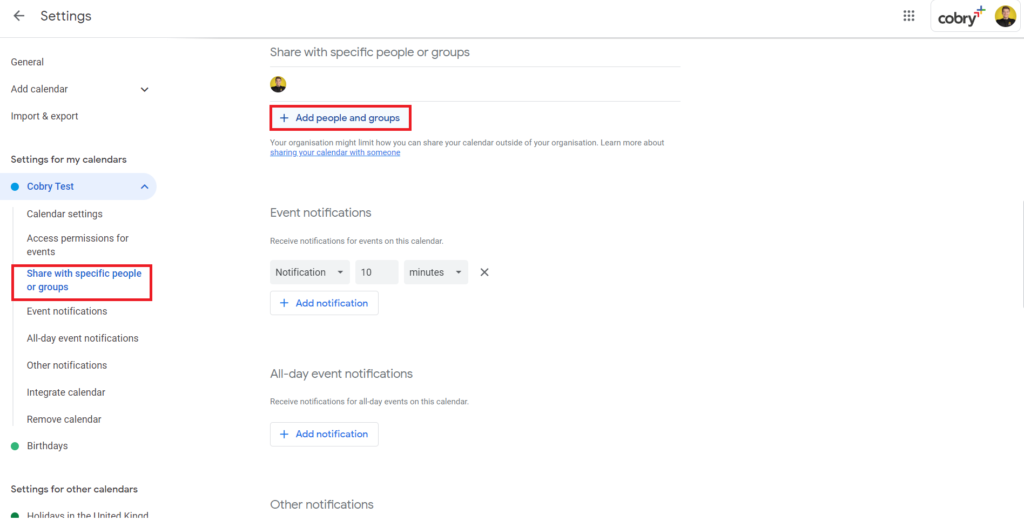 finding share with specific groups or people on google calendar